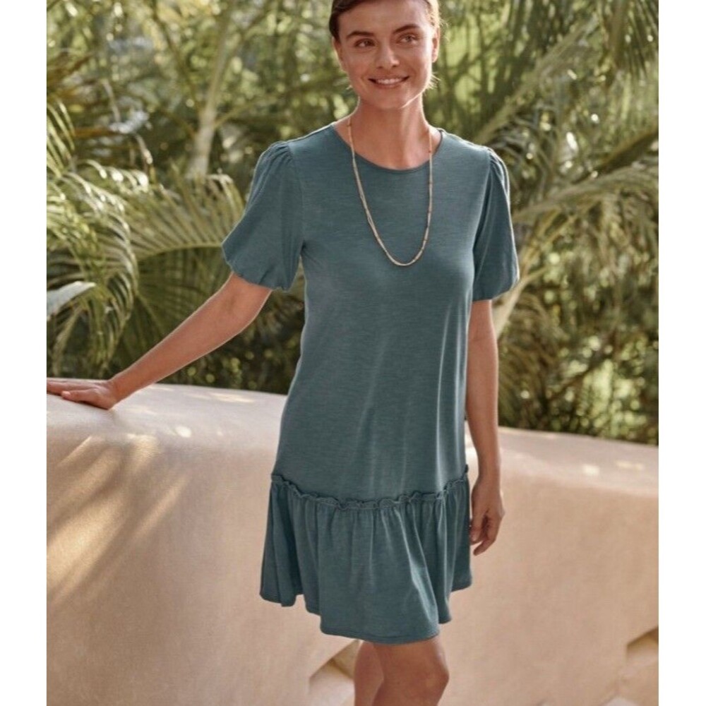 GARNET HILL Women's Cotton Tencel Ruffle Hem Dress Shirt Bubble Sleeves Green M